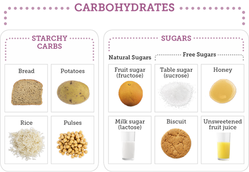Diagram showing starchy and sugar carbohydrates