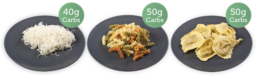 ライスヌードル-40g carbs; パスタツイスト-50g carbs; ラビオリ-50g carbs